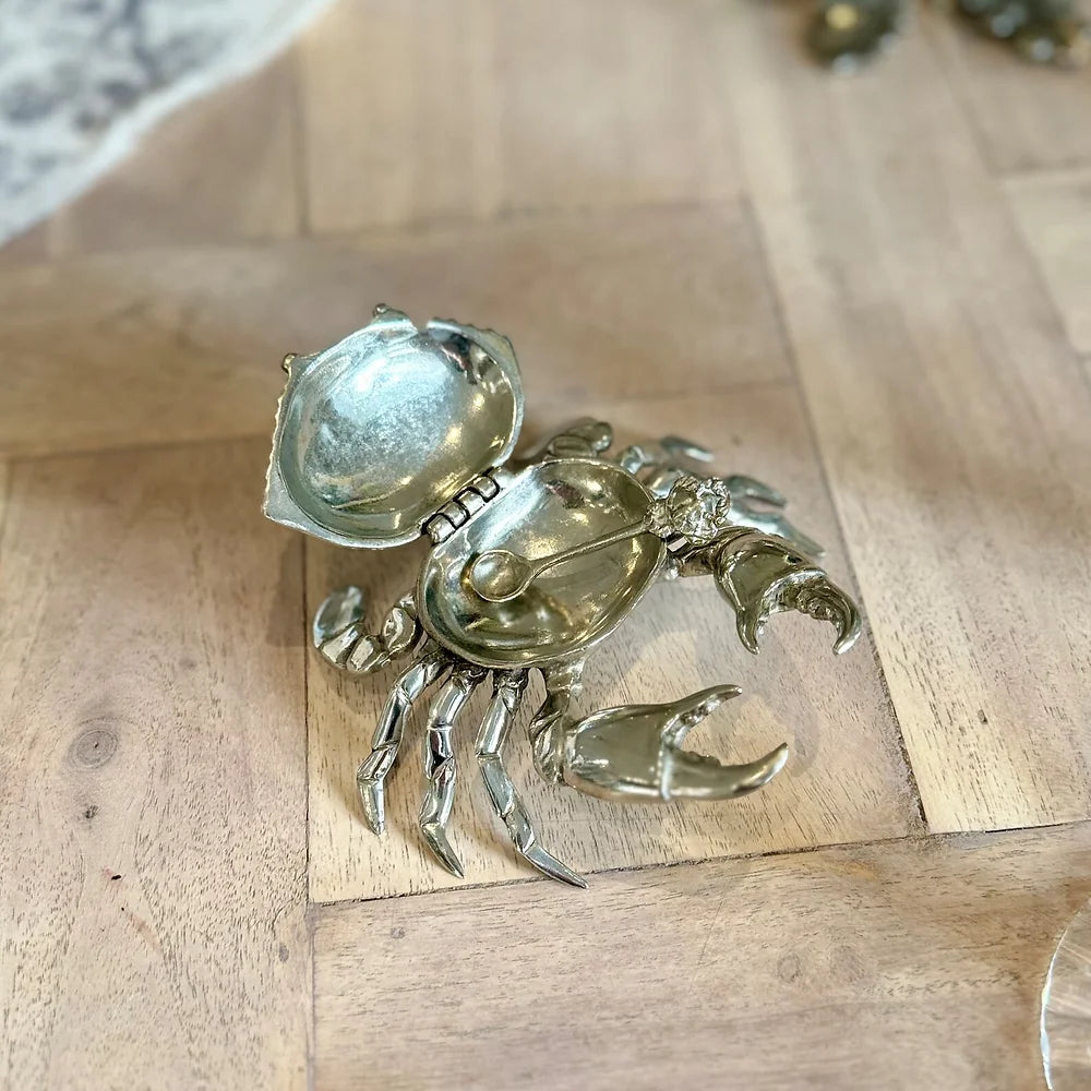 Handmade pewter crab salt cellar with spoon