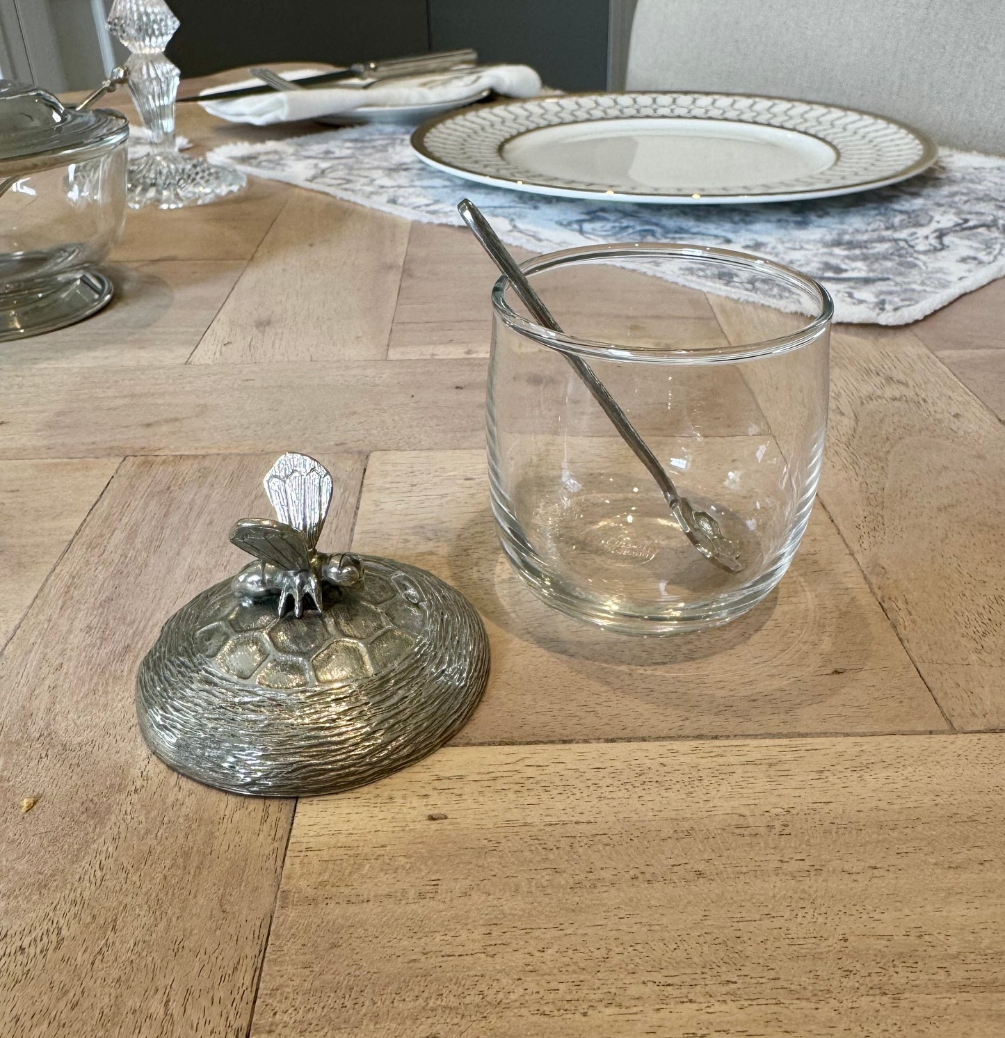 Honey Pot with Lid and Spoon in Pewter and Glass