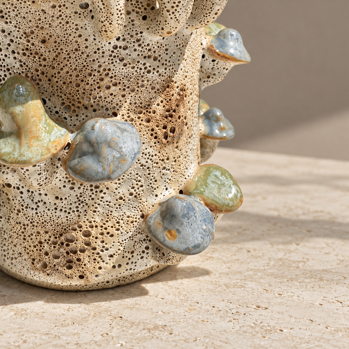 Handmade Ceramic Mushroom Vase with Coral Effect in Blue and Green 22.5cm
