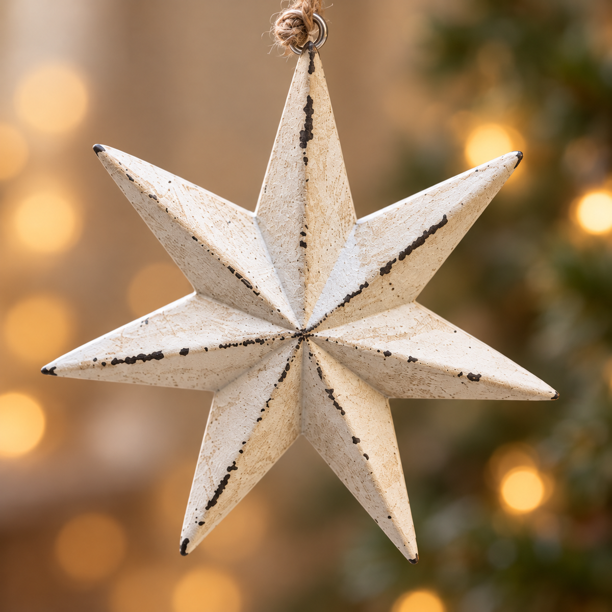 Rustic White Wooden Star Christmas Bauble – 11cm