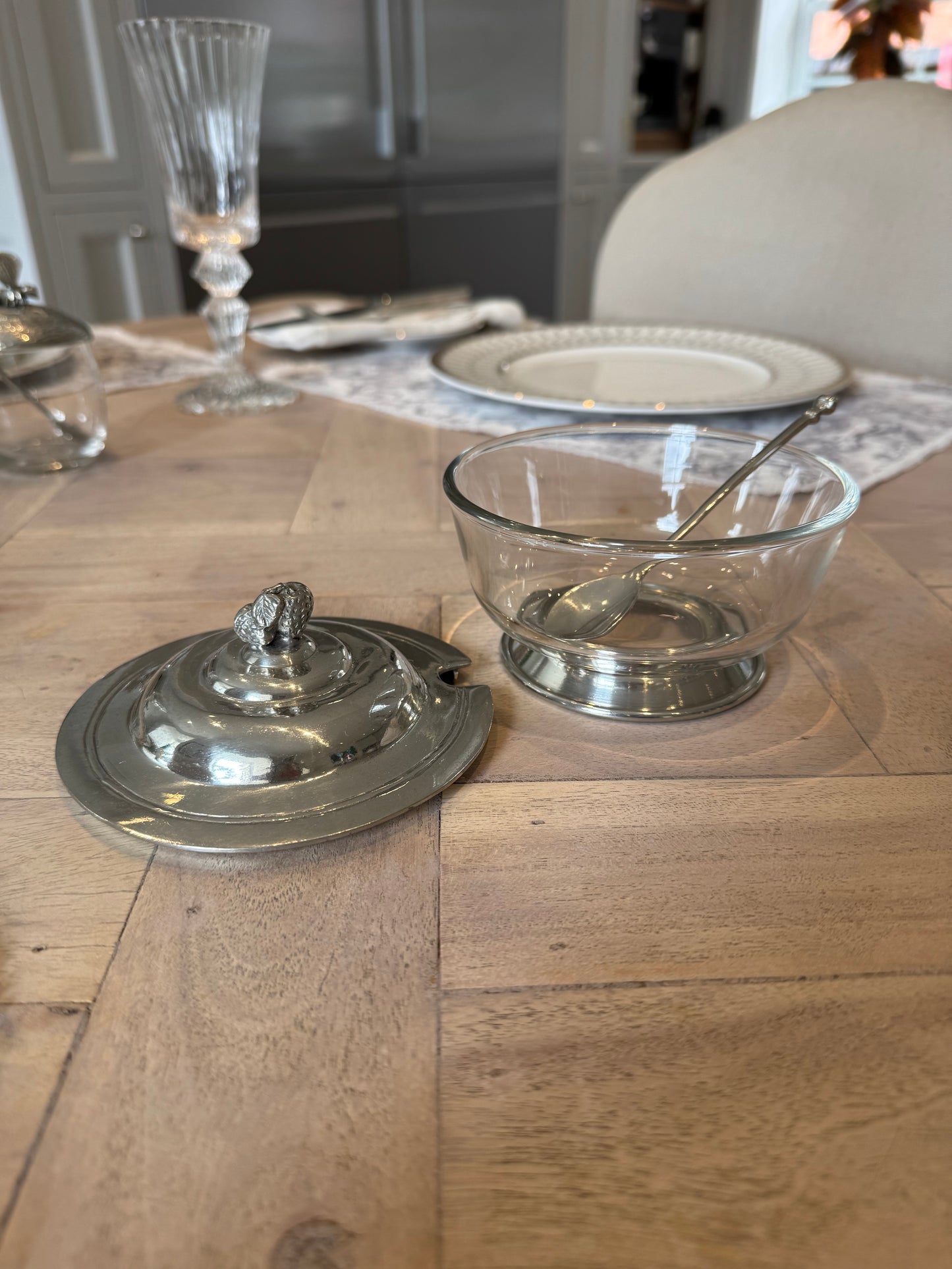 Jam Jar with Lid and Spoon in Pewter and Glass