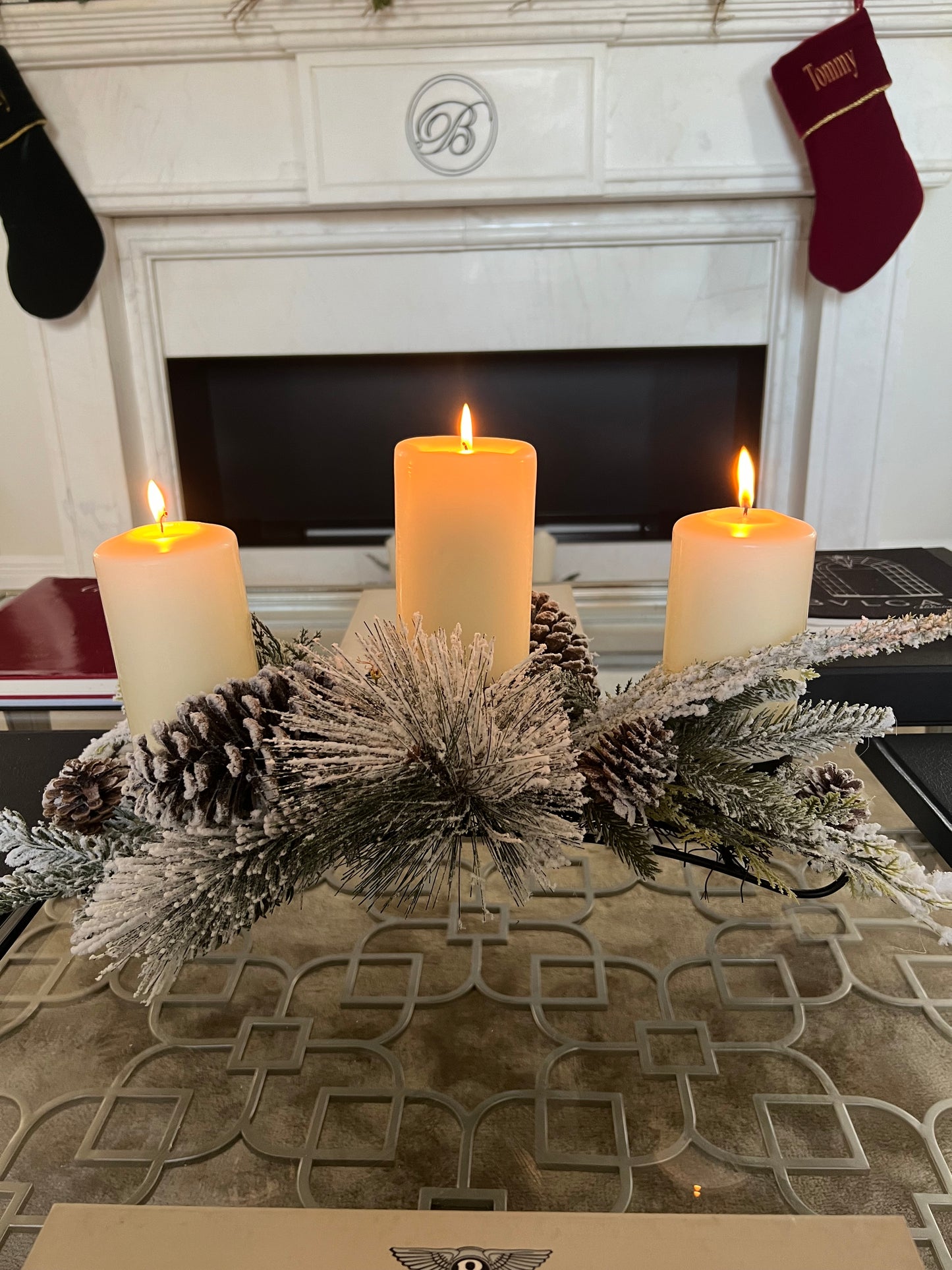Winter Candle Display with Snow Spray