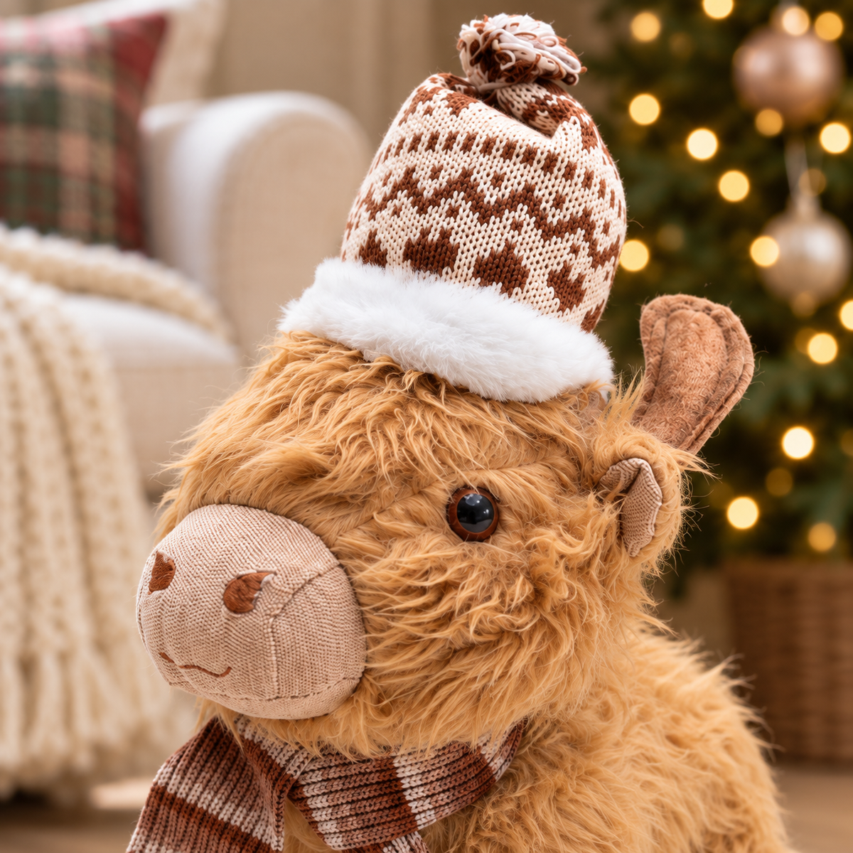 Fluffy Highland Cow with Winter Hat and Scarf – 35cm