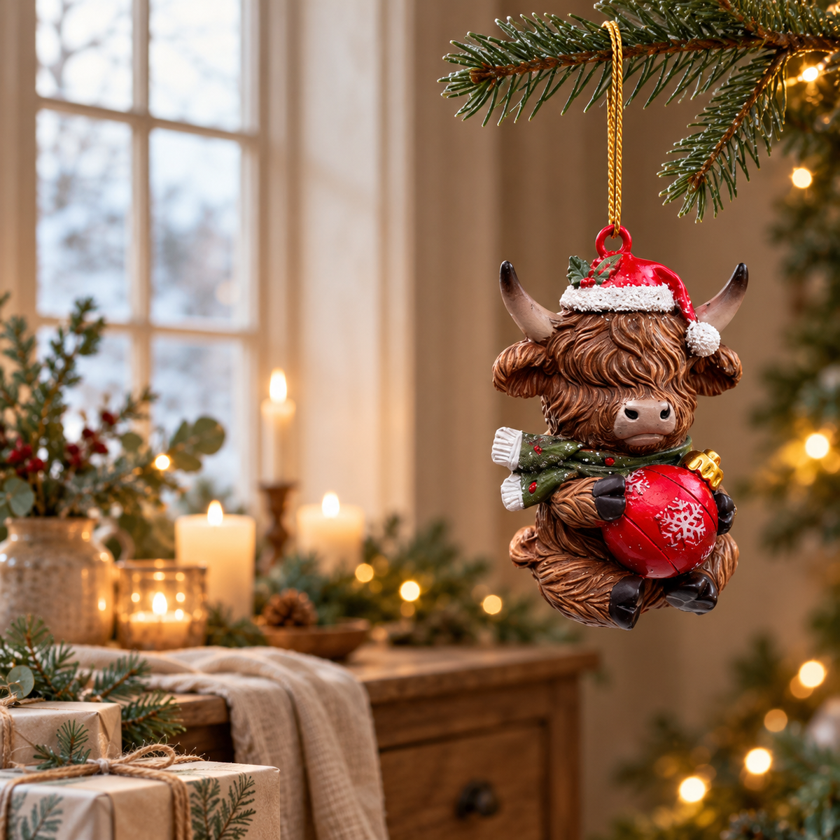 Mini Highland Cow Christmas Bauble with Red Ornament