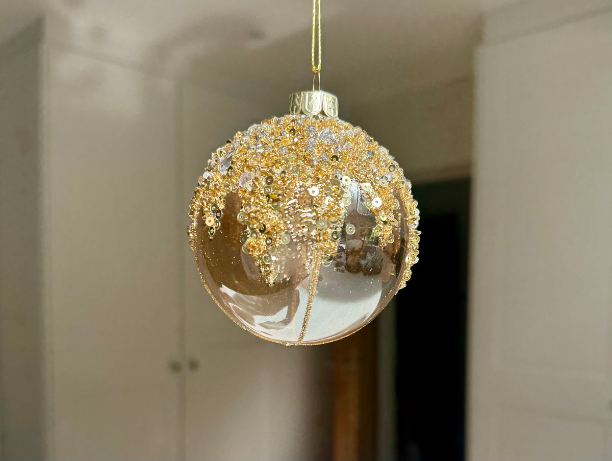 Gold Sequin & Crystal Glass Christmas Bauble – 8cm