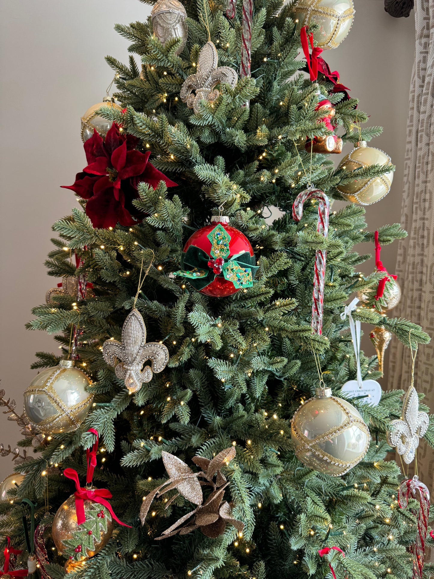 Glass Bauble in Red with Holly and Velvet Ribbon