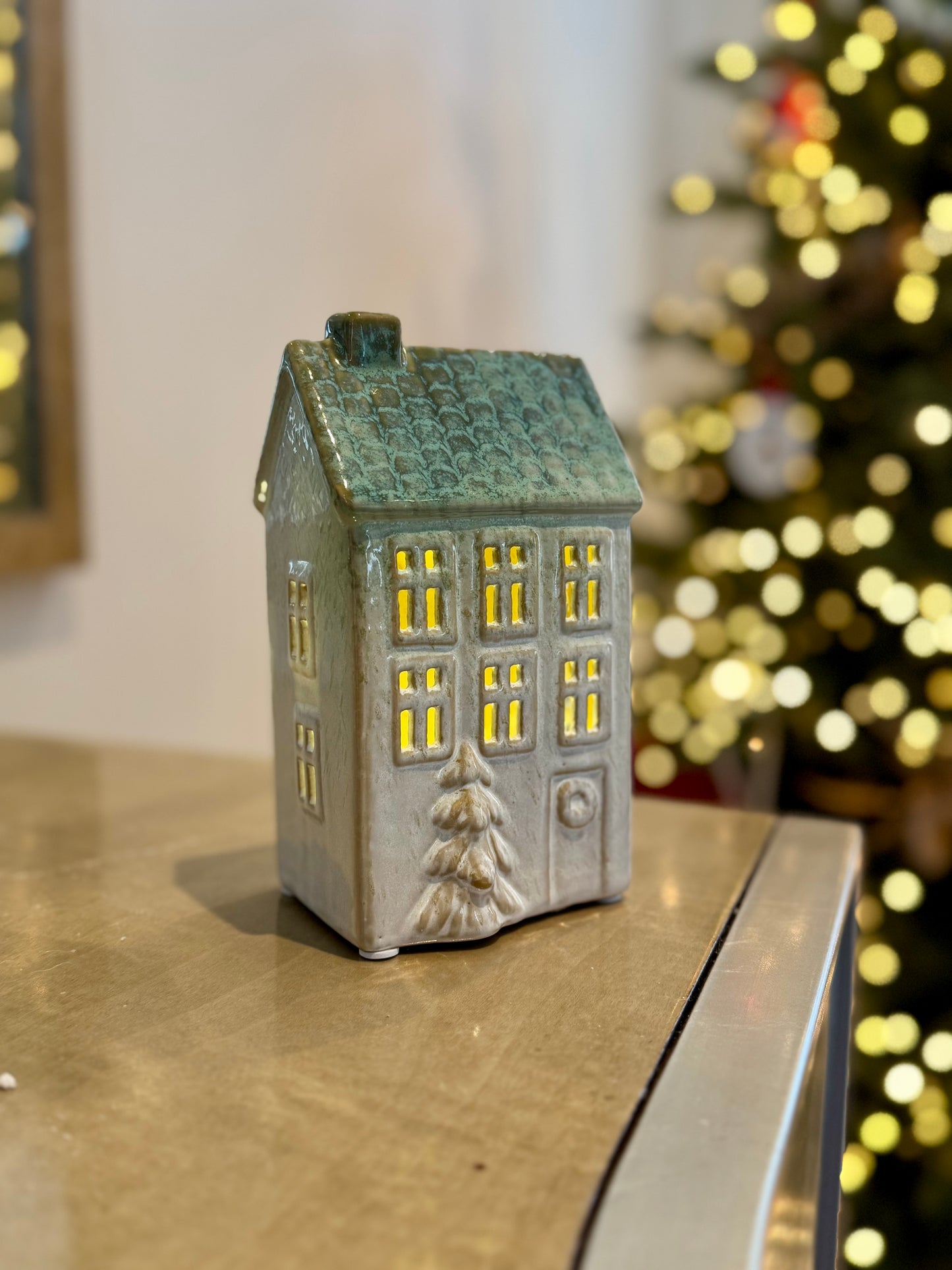 Ceramic Light Up Christmas Houses with Green Roof