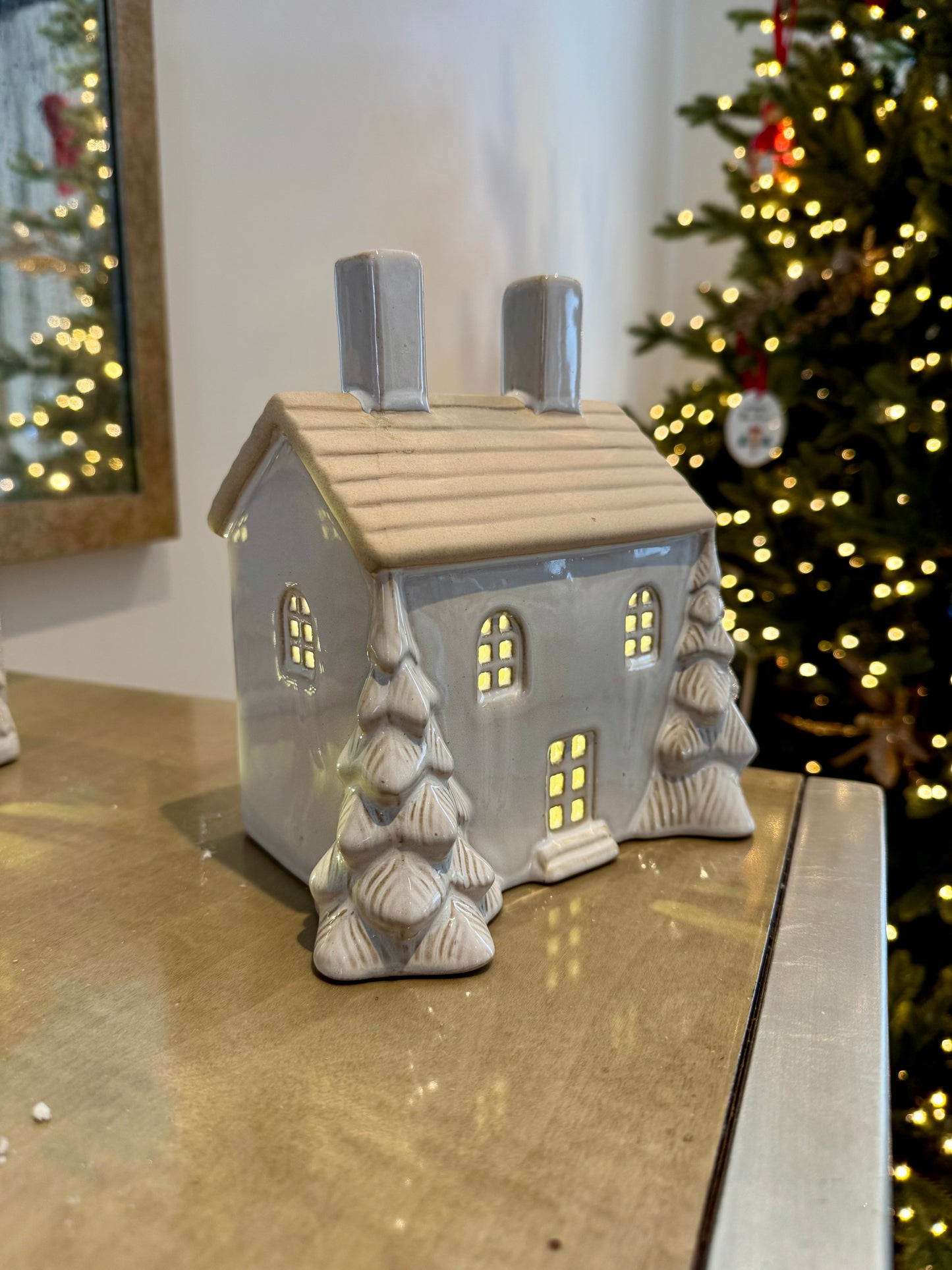 Ceramic Light Up Christmas House with Trees and LED Light