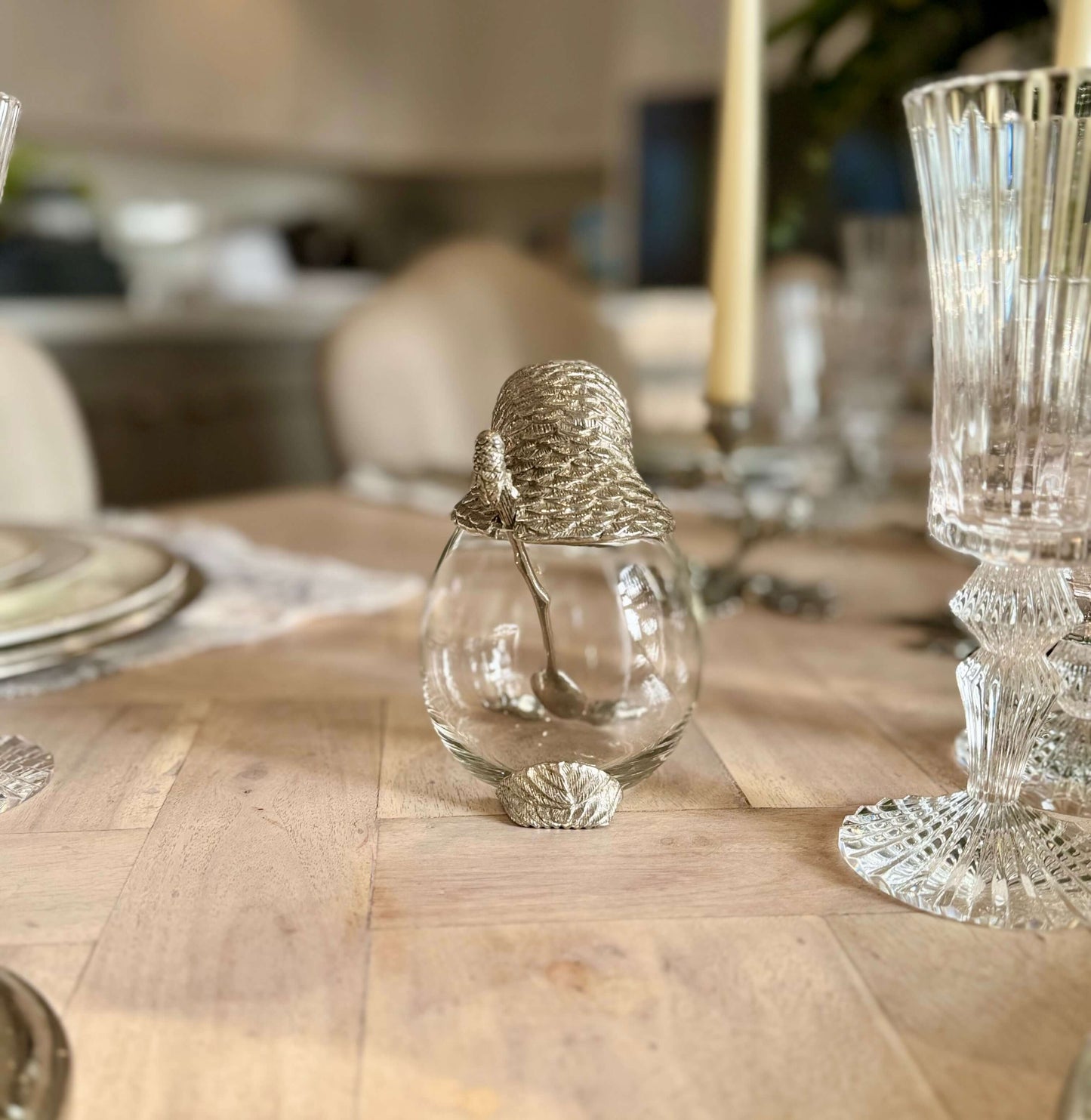 Owl Jar and Spoon Set in Pewter and Glass