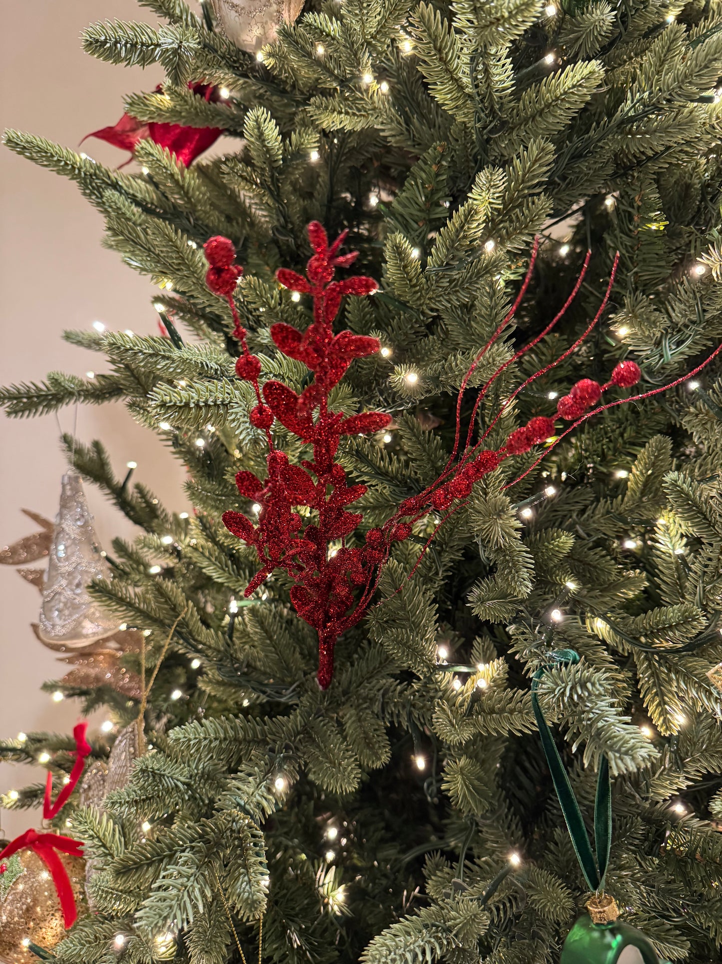 Eucalyptus Beaded Sprig in Glittered Red