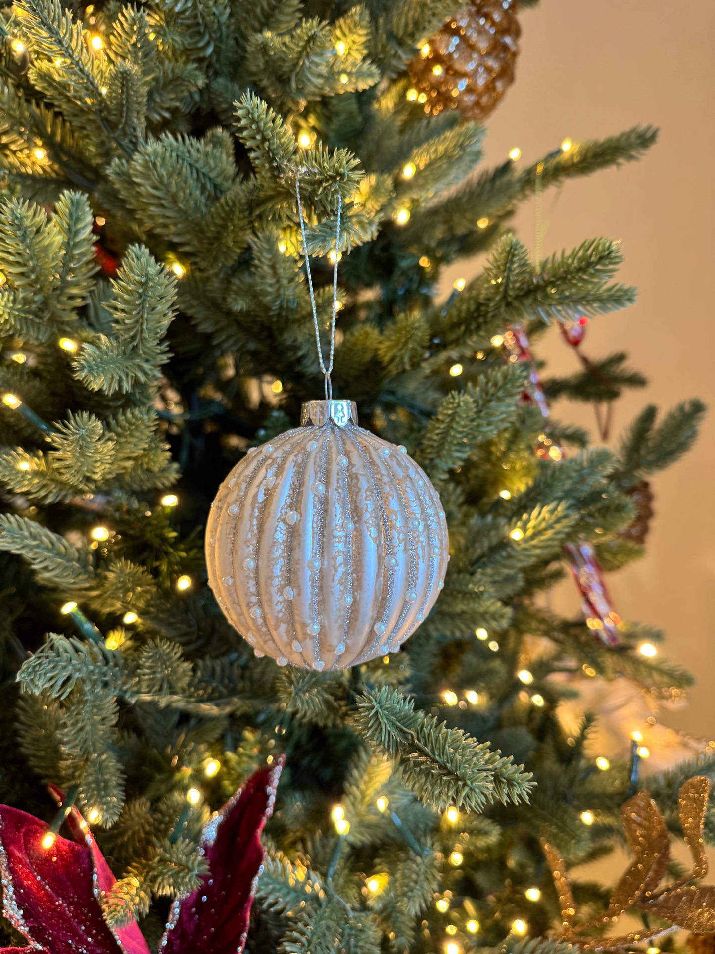 Glass Bauble in Champagne with Ribbed Design and Pearls