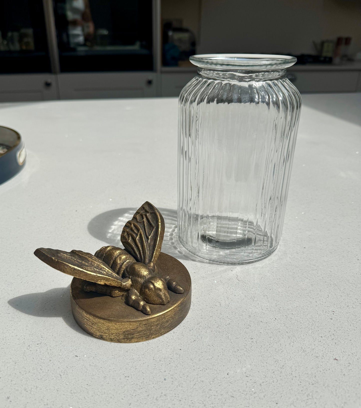 Tall Ribbed Glass Jar with Antique Gold Bee Lid
