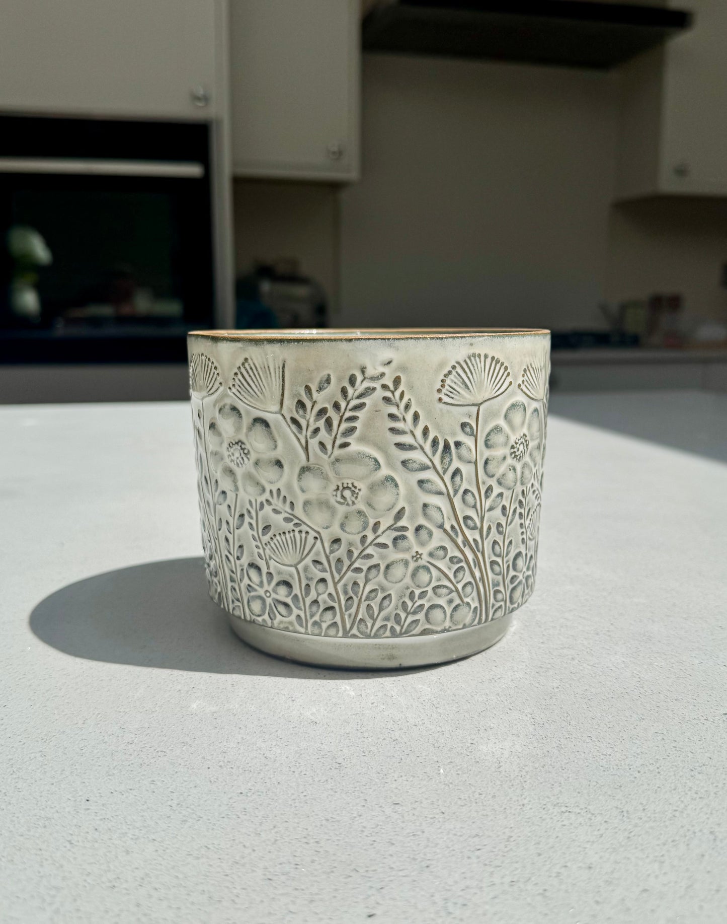 Floral Ceramic Flower Pot with Blackened Glaze
