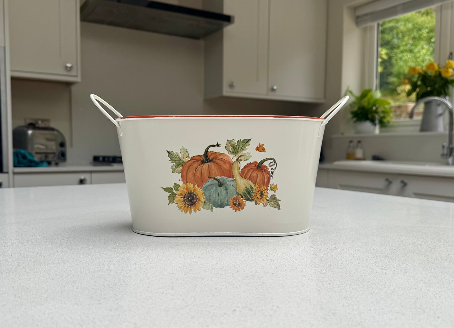Harvest Home Pumpkin & Sunflower Metal Planter – Two Sizes