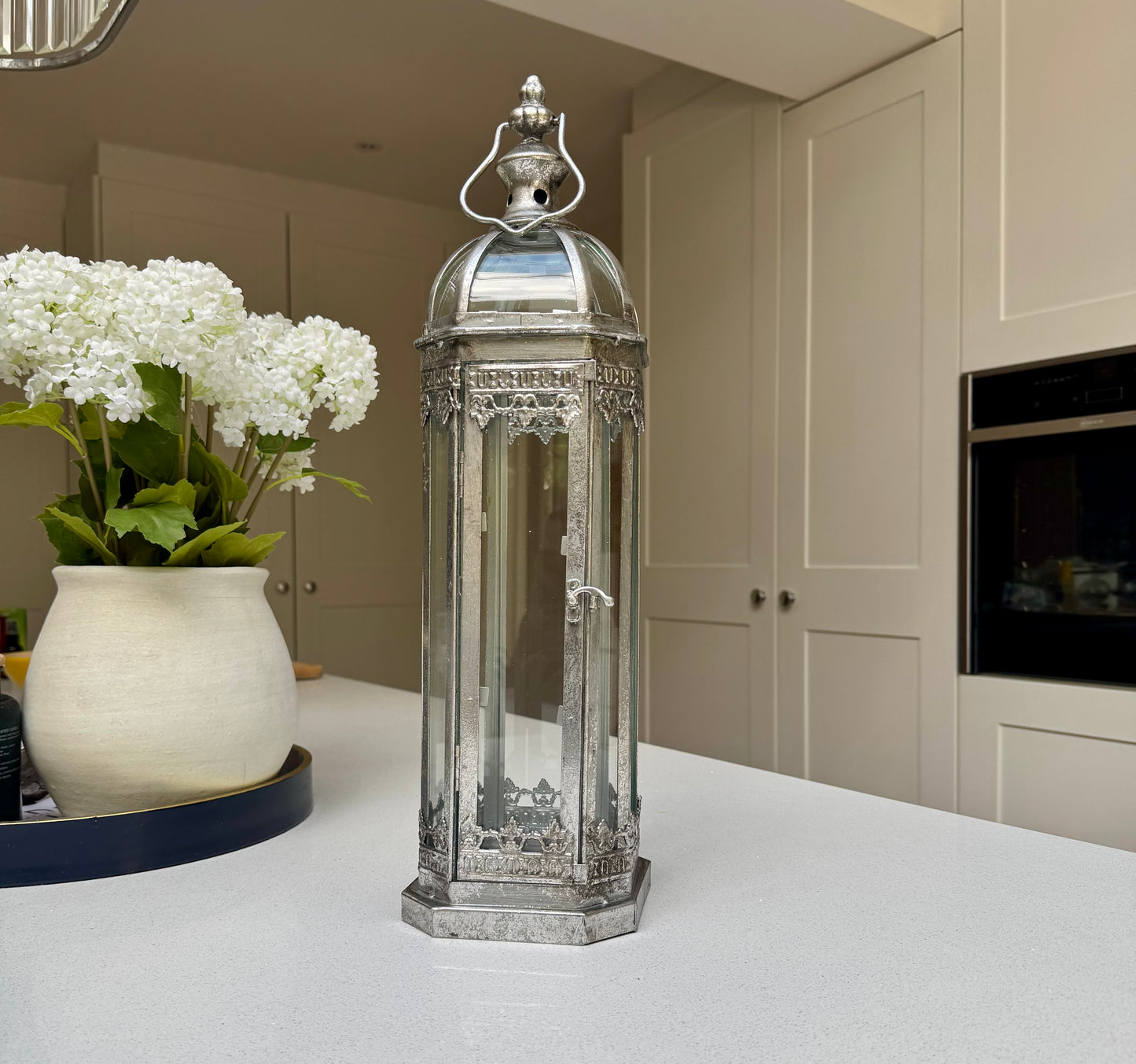 Fairmont Tall Silver Glass & Metal Candle Lantern – 48cm