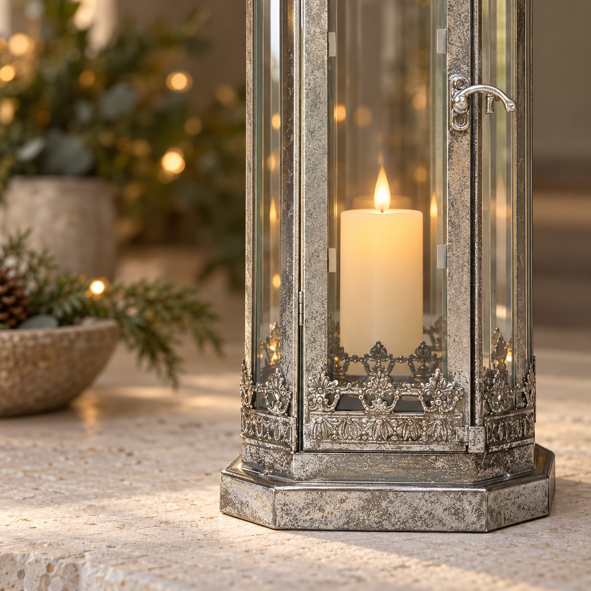 Fairmont Tall Silver Glass & Metal Lantern – 48cm