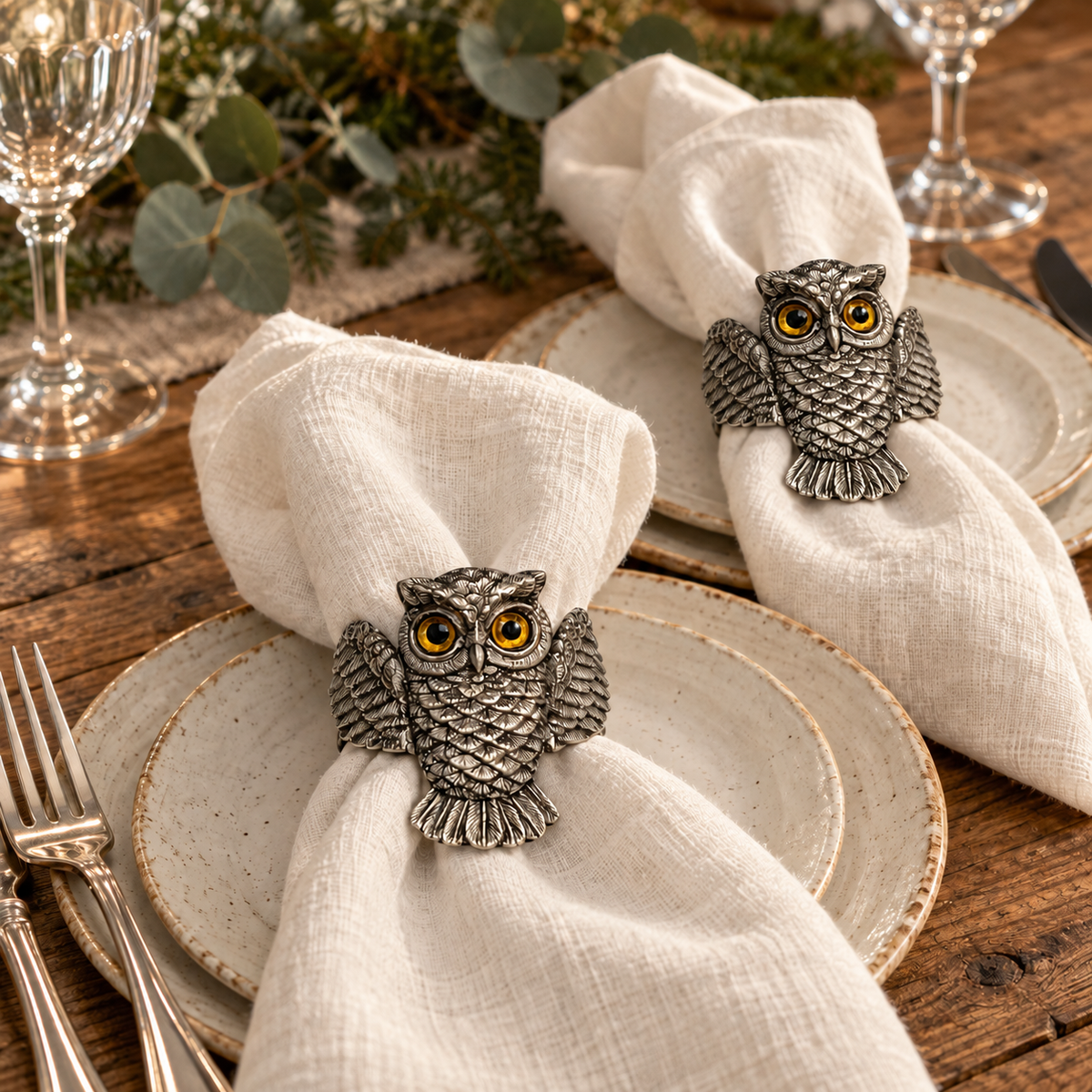 Luxury Pewter Owl Napkin Rings – Set of 2