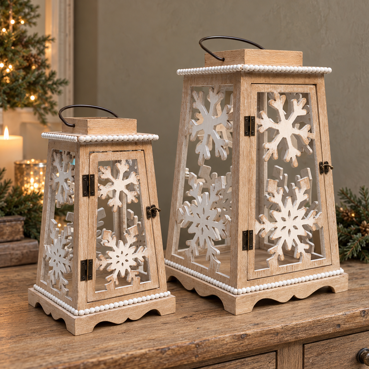 Whitewashed Wooden Snowflake Lantern