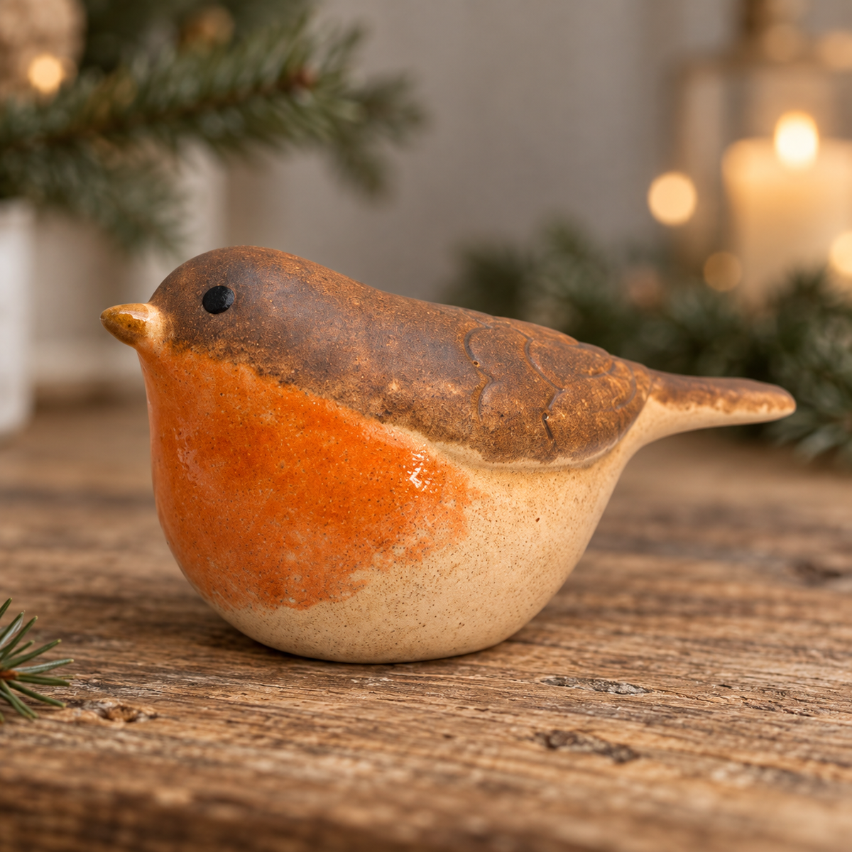 Ceramic robin ornament with a glazed orange breast