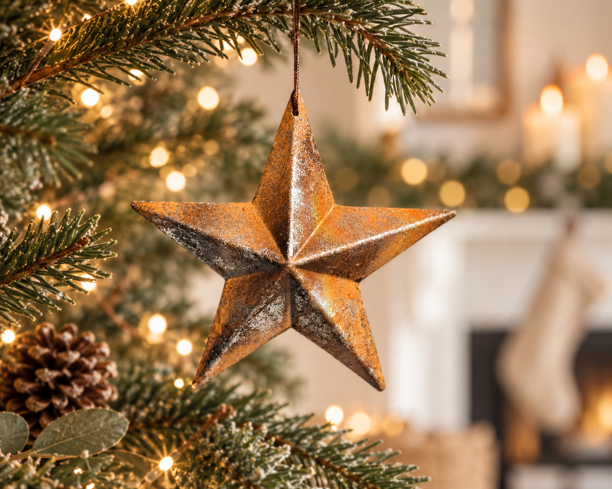 The Ember Star – Handmade Rustic Wooden Christmas Bauble, 17cm