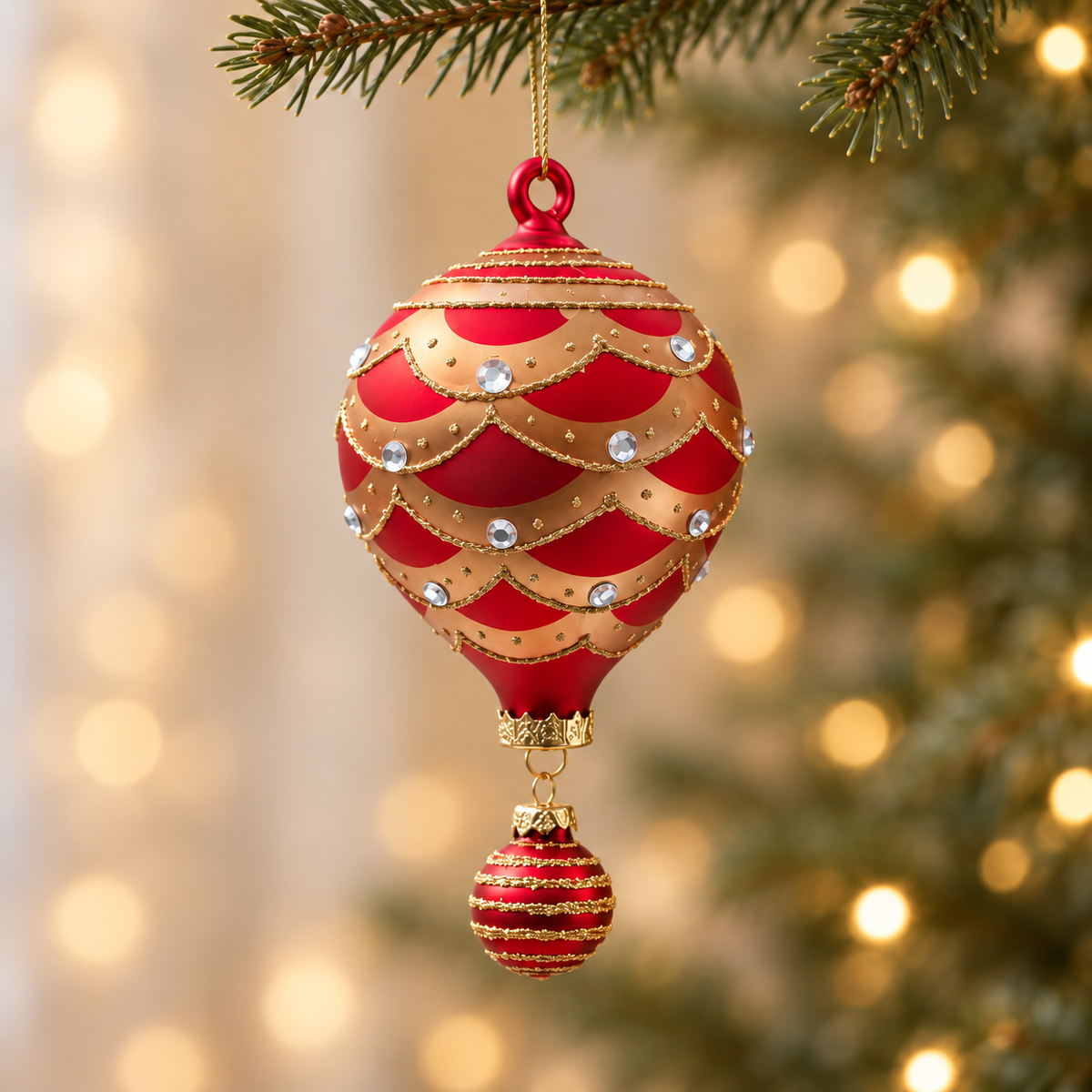 Red and gold glass hot air balloon Christmas bauble with patterned detail