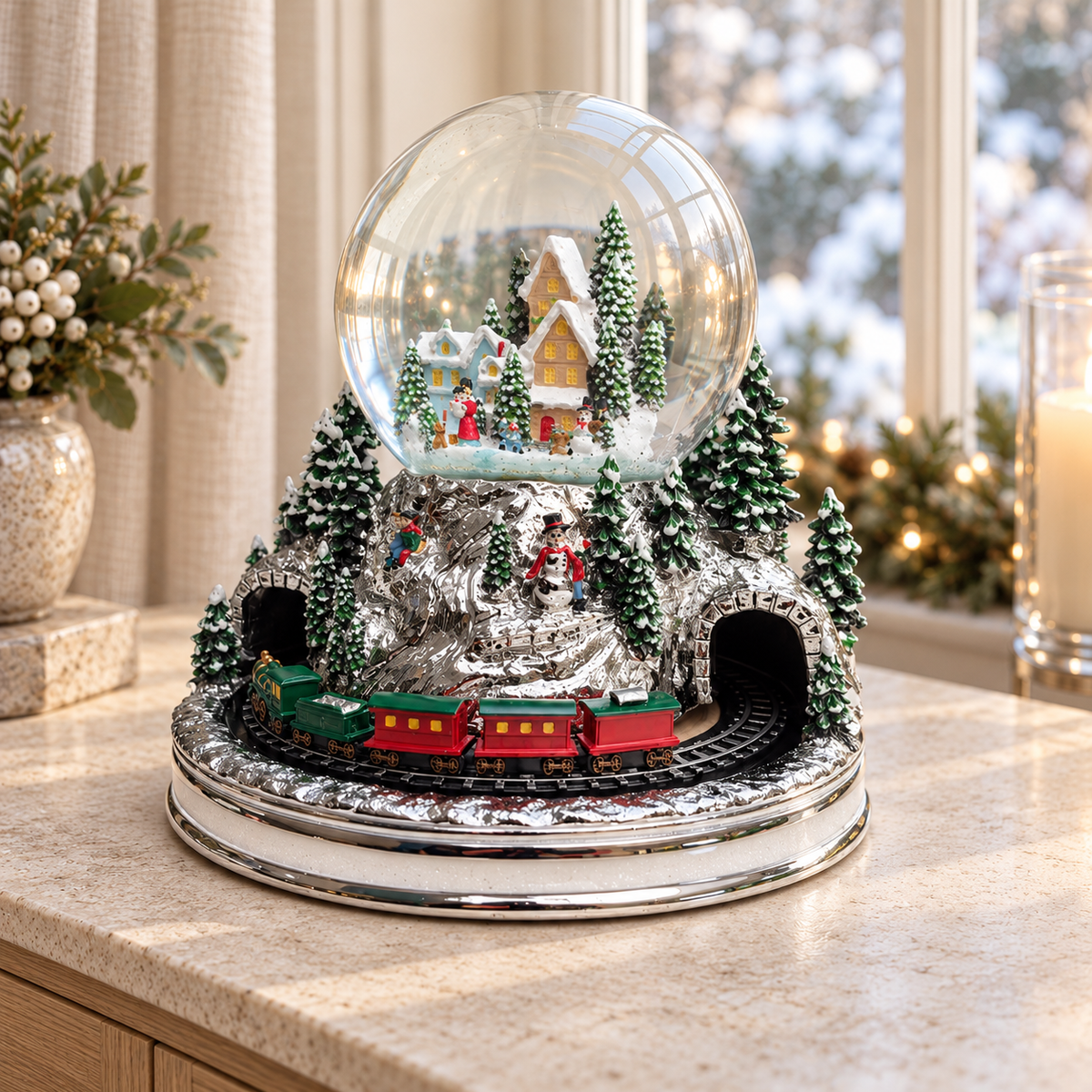 Musical Winter Village Snow Globe with Rotating Train – 20cm