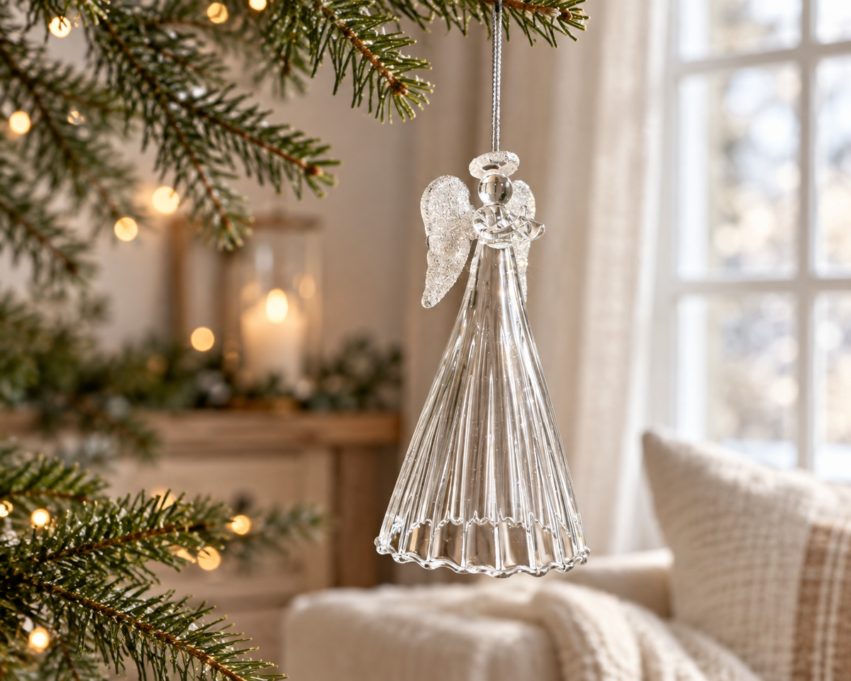 The Celeste – Large Glass Angel Christmas Bauble with Silver Wings, 14cm