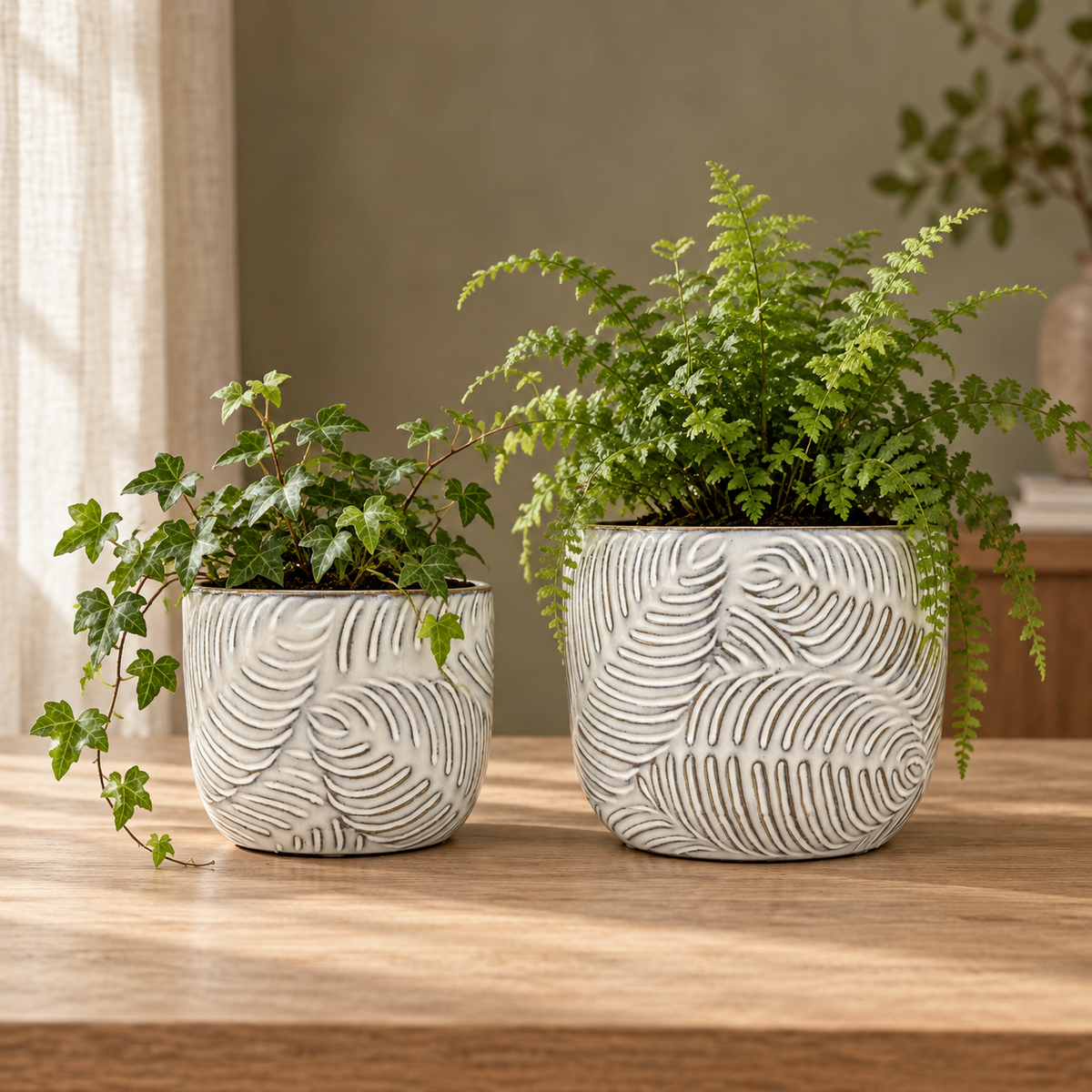 Embossed Leaf Ceramic Planter – Small or Medium