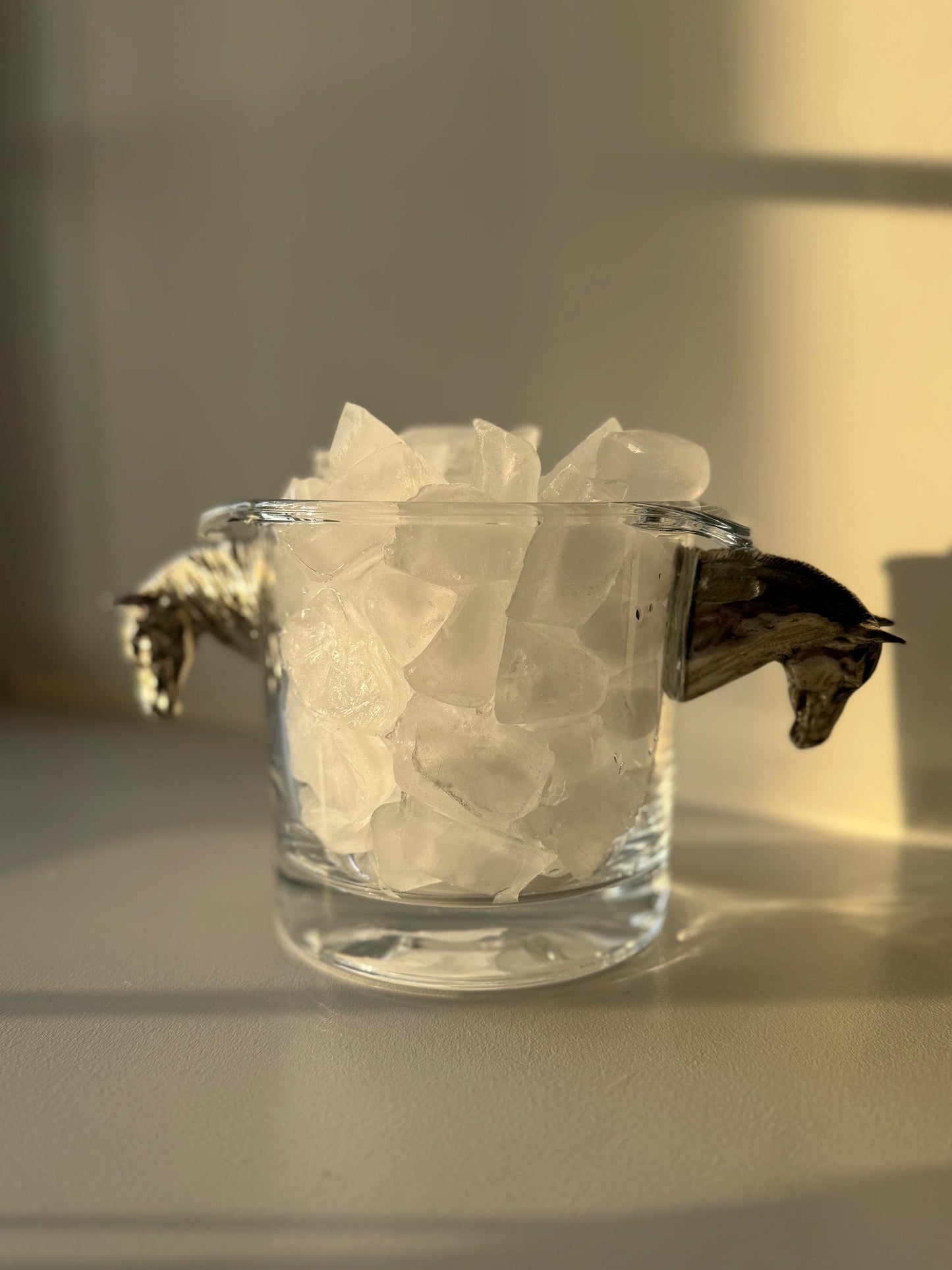 Glass Champagne Ice Bucket with Pewter Horse Head Handles