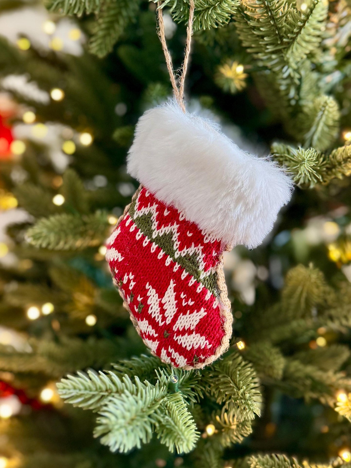 Knitted Christmas Stocking Bauble - Red & White Fair Isle with Faux Fur Trim