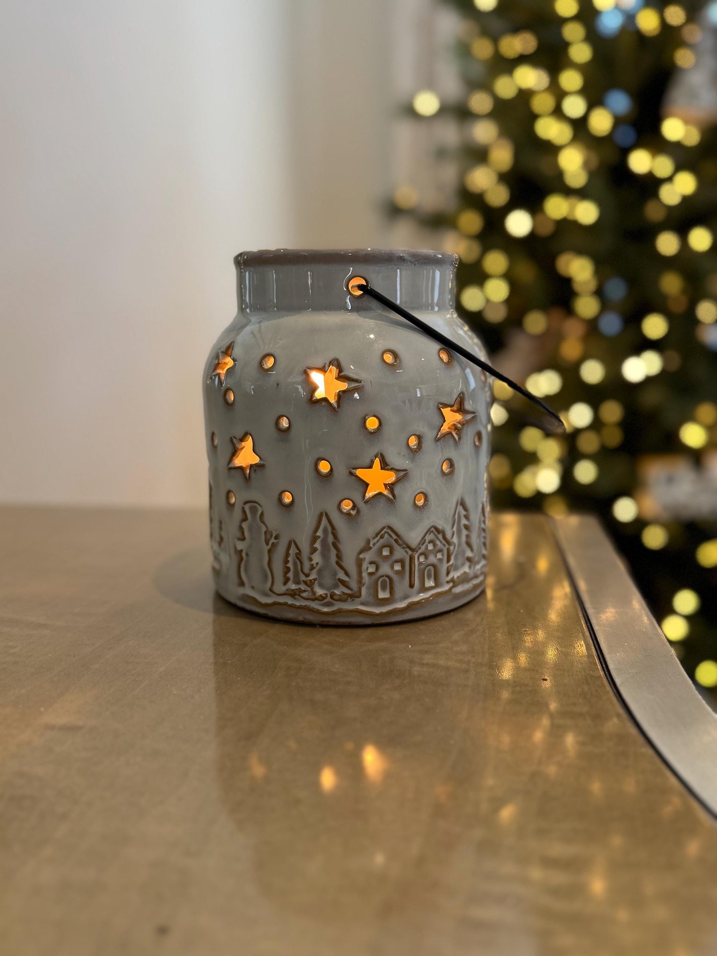 Ceramic Festive Lantern with Star Cut Outs - 15cm Light Up Christmas Candle Holder