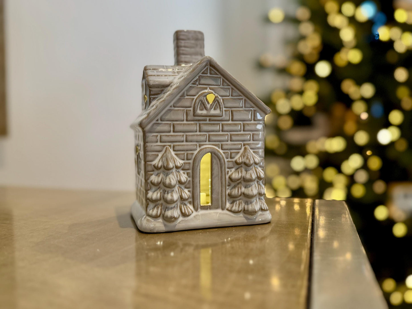 Ceramic Christmas House with LED Lights - Grey Light Up Holiday Ornament