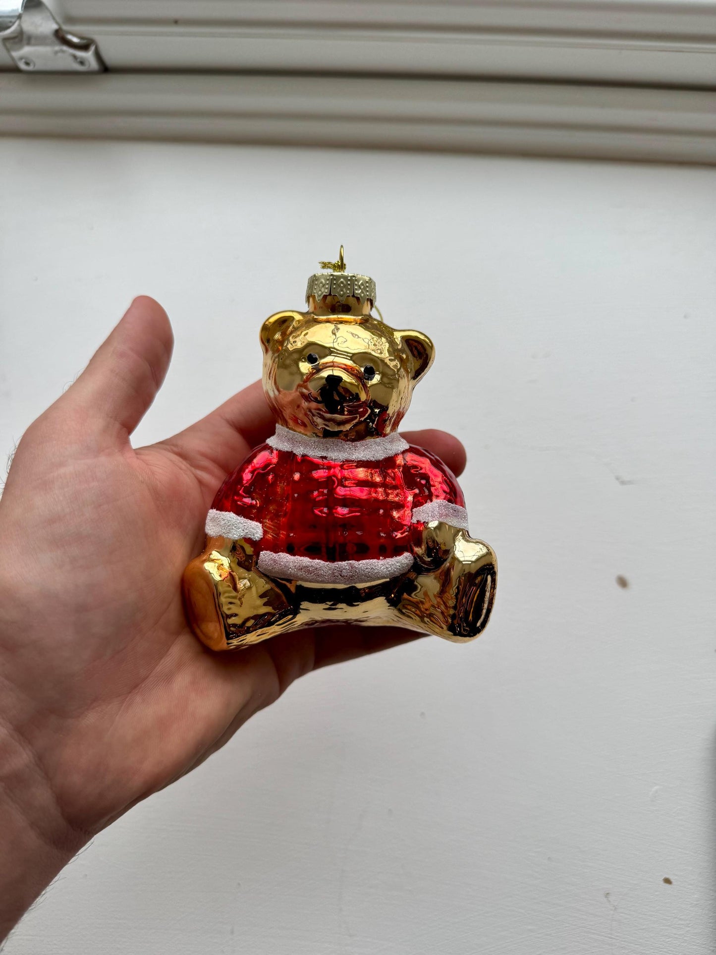 Gold & Red Glass Bear Christmas Bauble - Handmade Festive Teddy Ornament