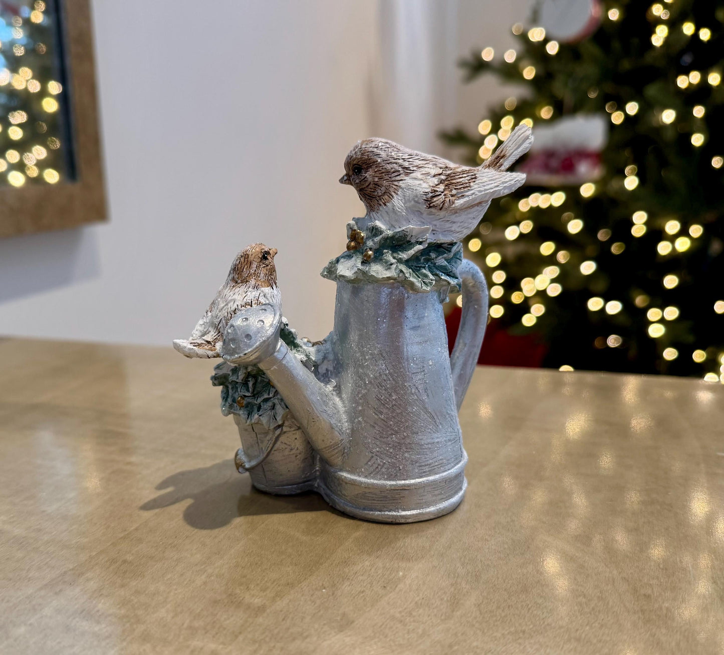 Robin Christmas Ornament - Silver Watering Can Winter Decoration