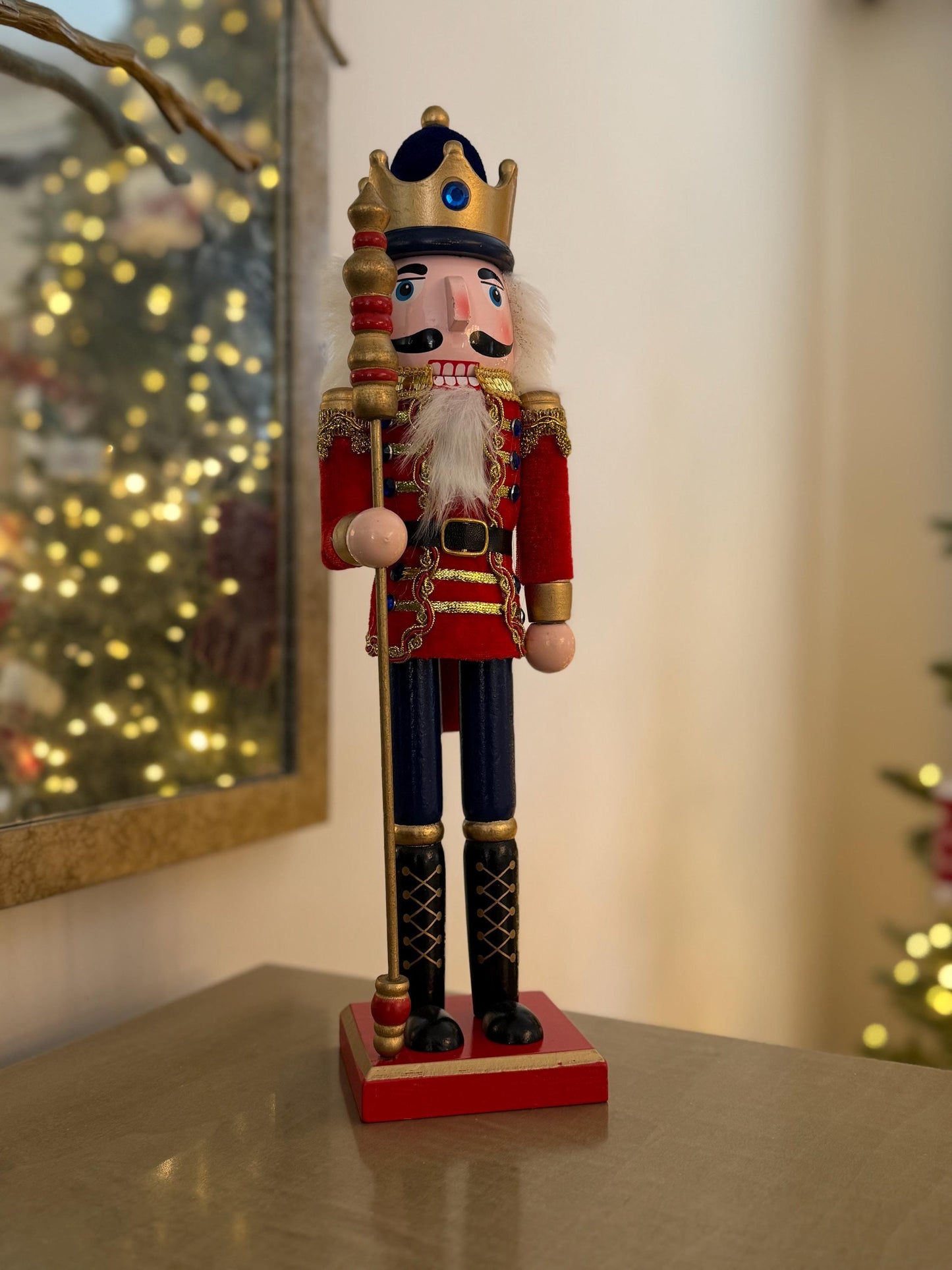 Large Hand Painted Red Velvet Wooden Nutcracker 38cm - Traditional Christmas Decoration