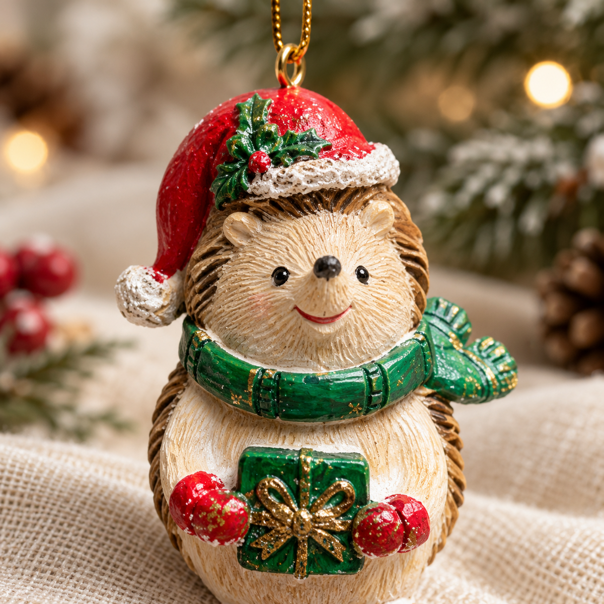 Close-up of the Santa Hat and Present hedgehog bauble with holly detail and gold accents