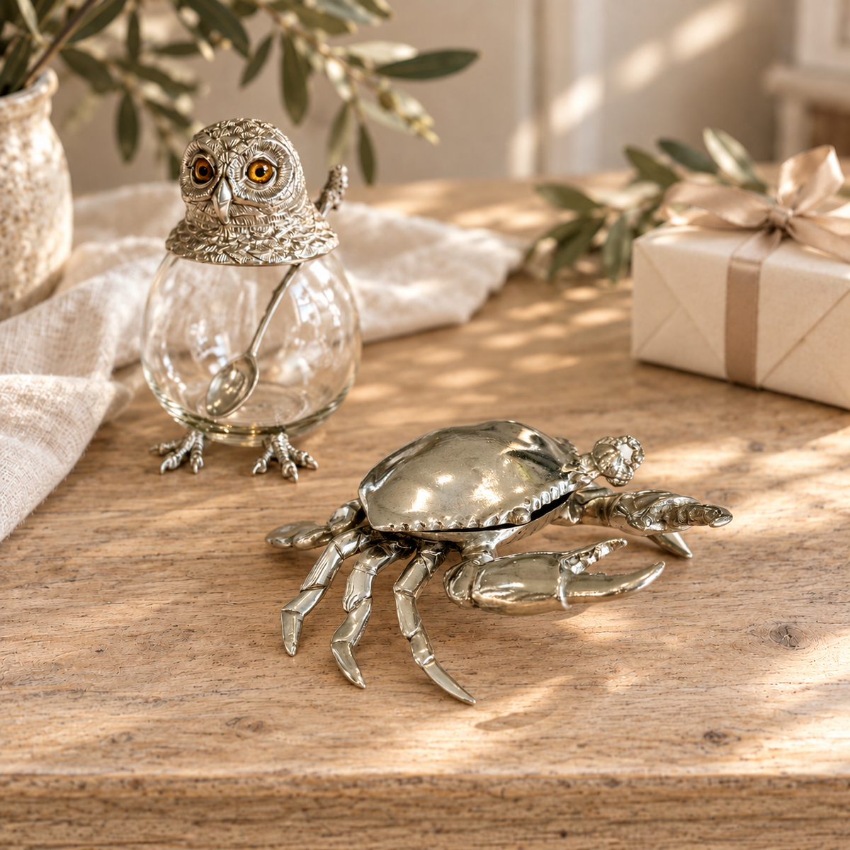 Pewter crab and owl preserve jar from the Woollaston White Pewter Edit