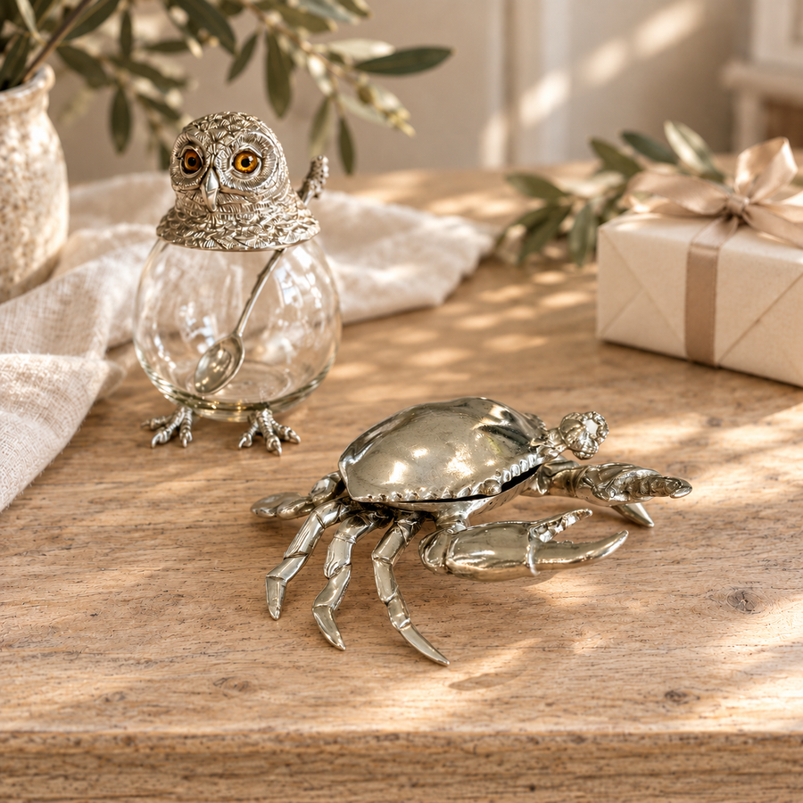 Pewter crab and owl preserve jar from the Woollaston White Pewter Edit