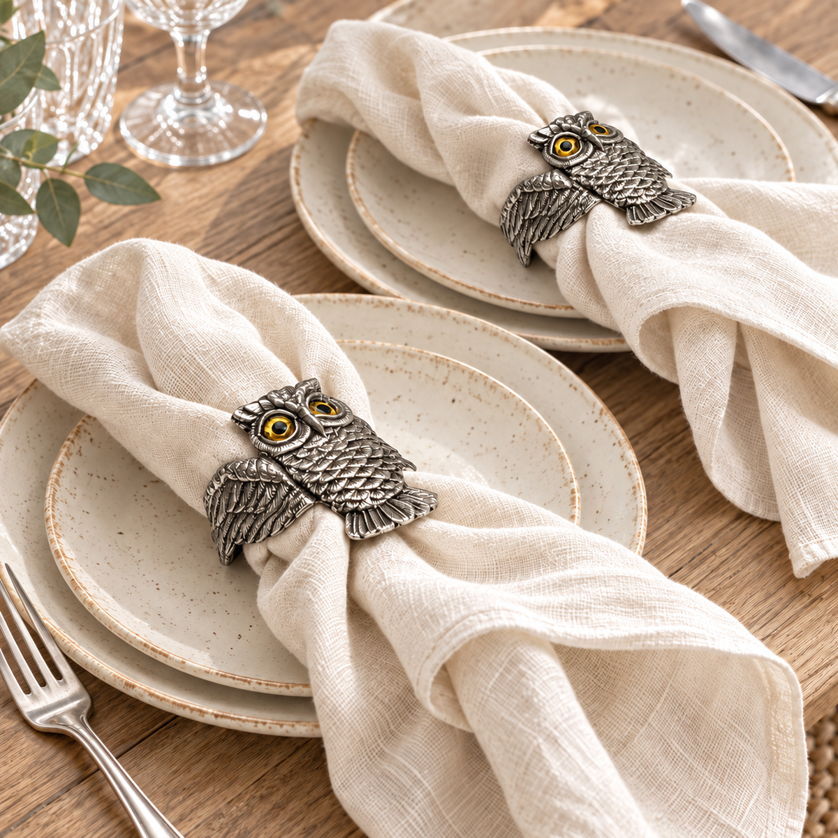 Pewter owl napkin rings with linen napkins and ceramic plates