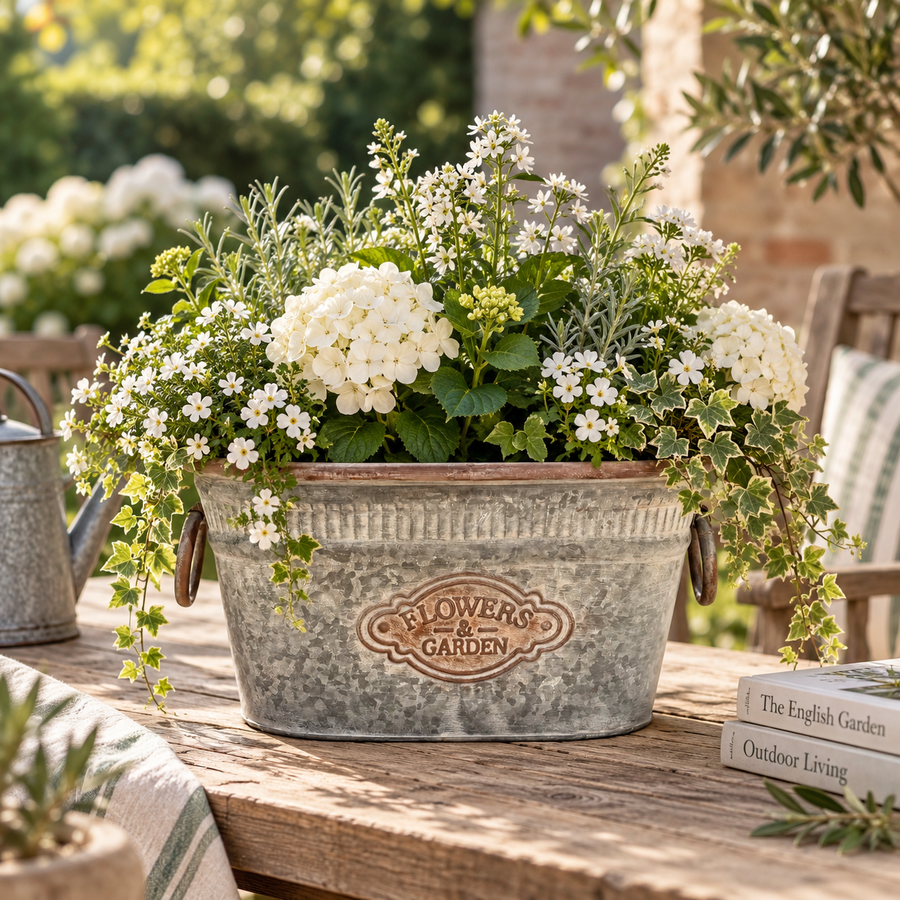 Rustic galvanised metal planter with flowers in a country garden setting