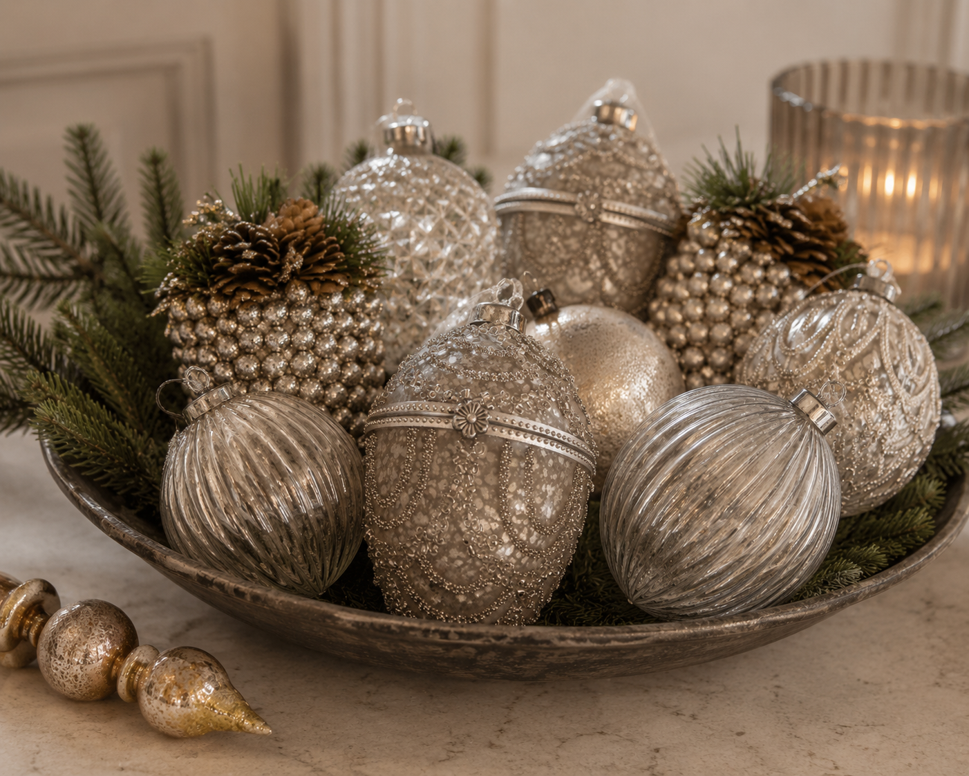 Red finial bauble with holly decoration on a pre lit Christmas tree