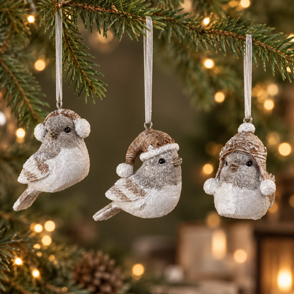Mini Festive Hanging Bird Christmas Baubles - Three Designs