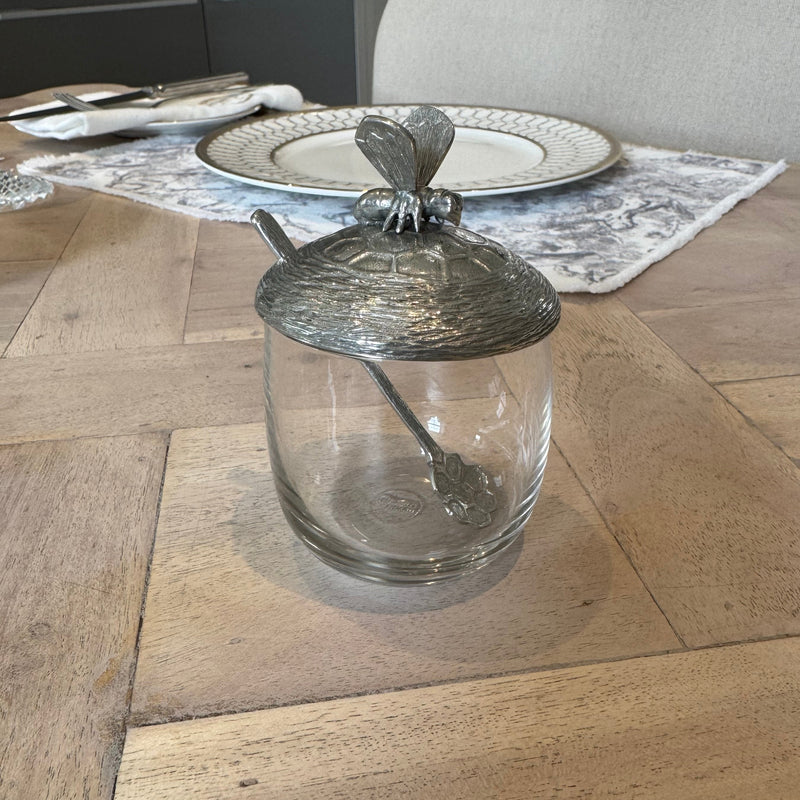 Honey Pot with Lid and Spoon in Pewter and Glass