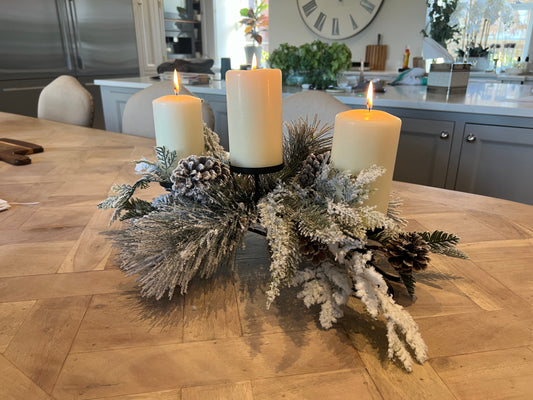 Snow Sprayed Candle Display
