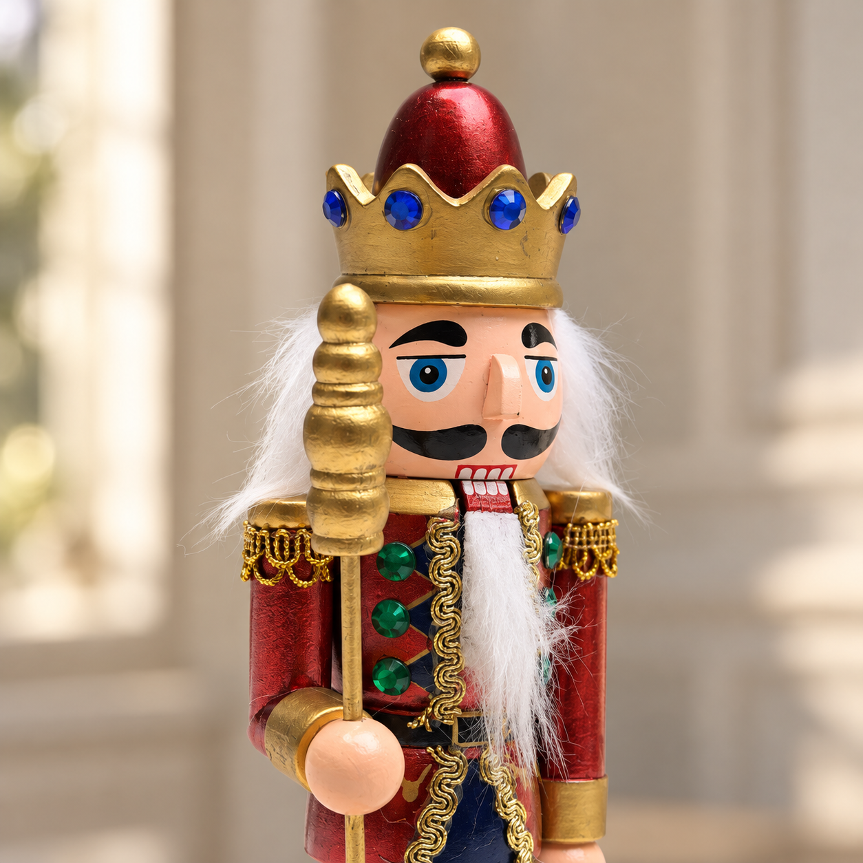 Close-up of the nutcracker's gold crown, blue jewels, painted face and decorative braid