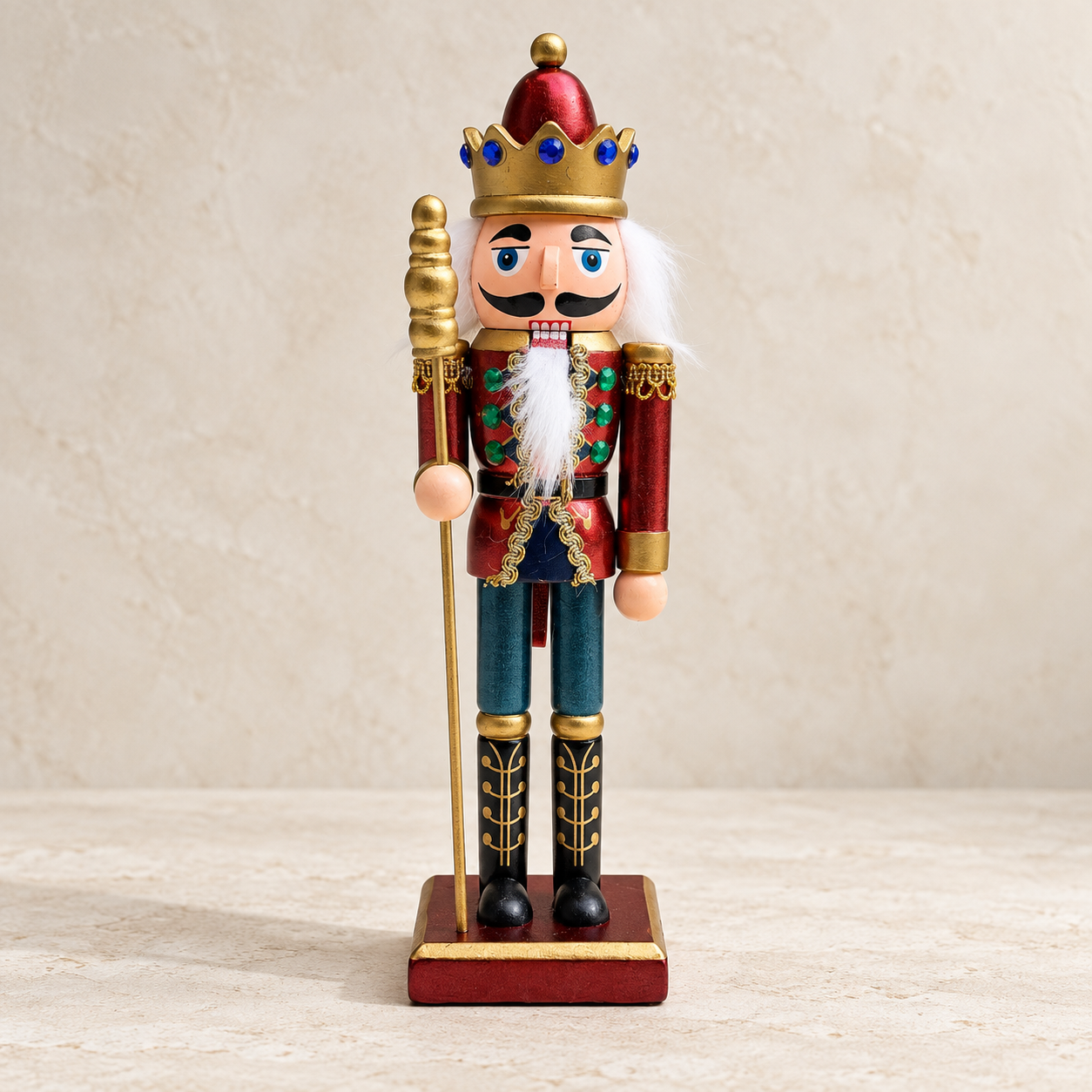 Front view of the 26cm red and blue Jewel Crown King wooden nutcracker with gold staff