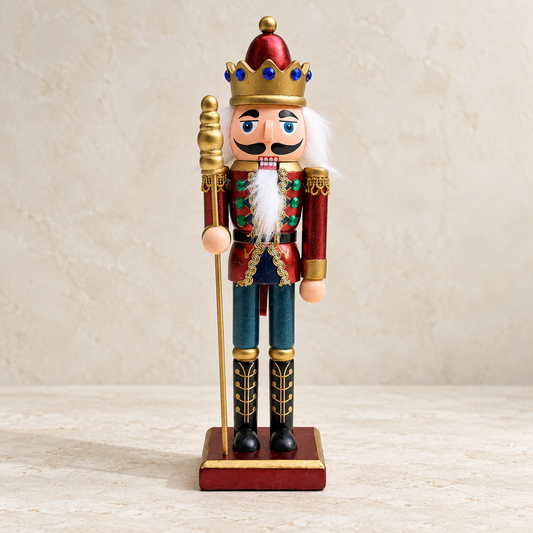 Front view of the 26cm red and blue Jewel Crown King wooden nutcracker with gold staff
