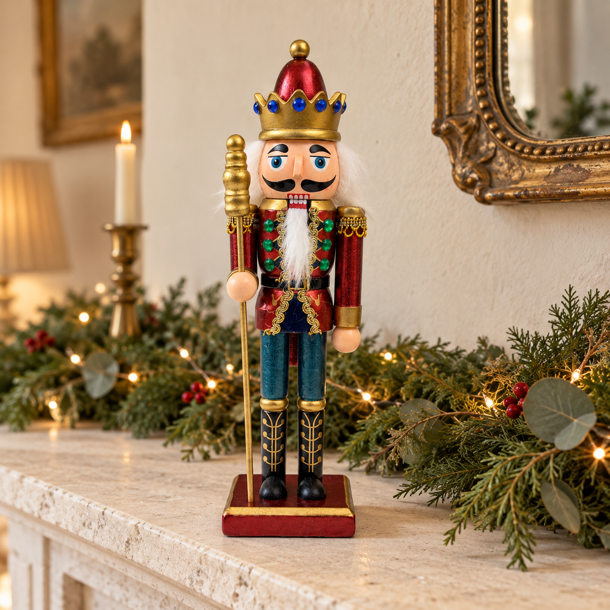 Red and blue wooden nutcracker on a limestone mantel with a Christmas garland
