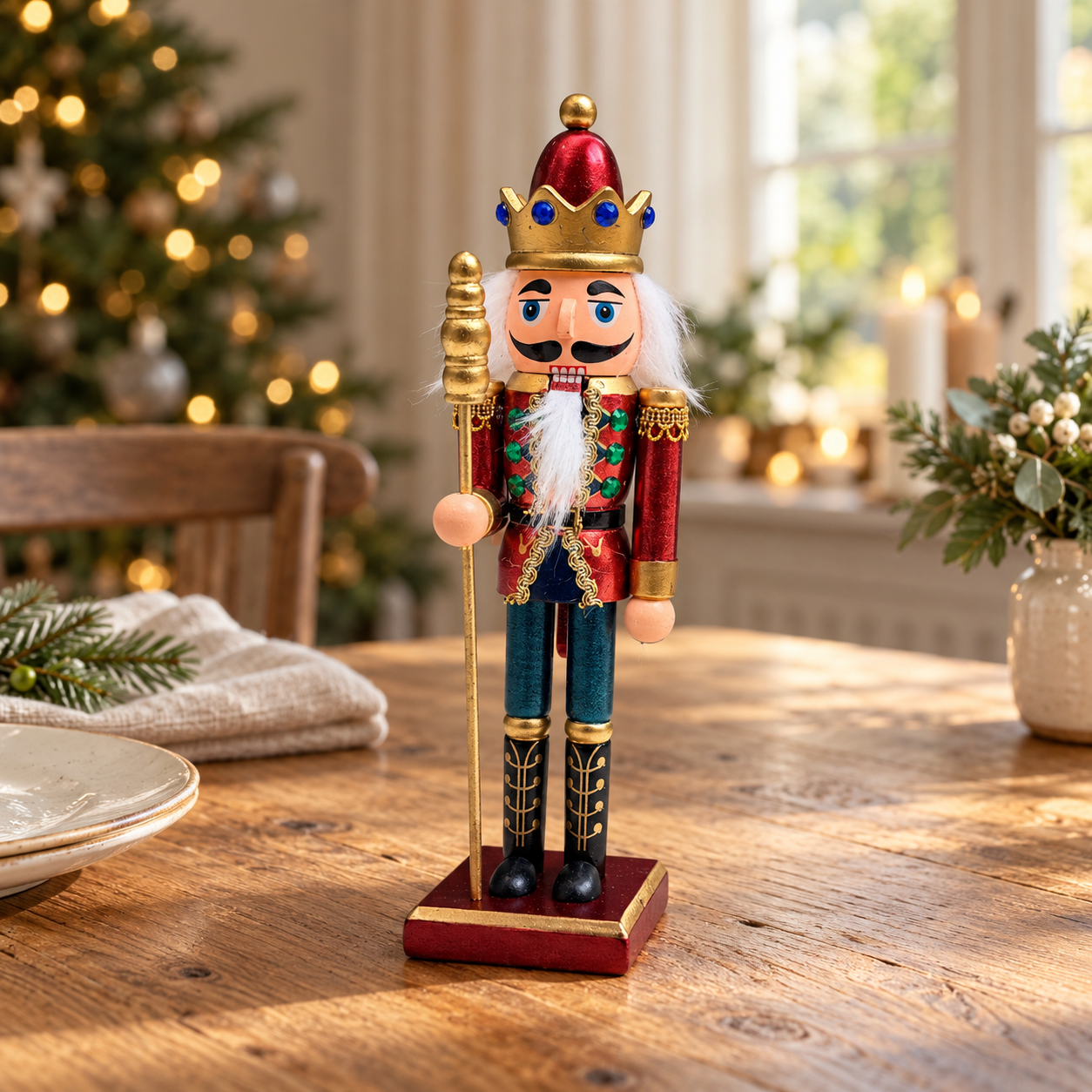 Jewel Crown King nutcracker on an oak Christmas table with neutral linen