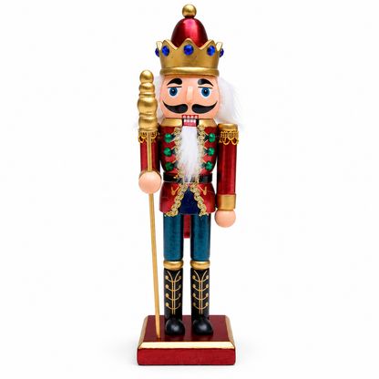 26cm handmade red and blue wooden nutcracker with gold staff on a white background